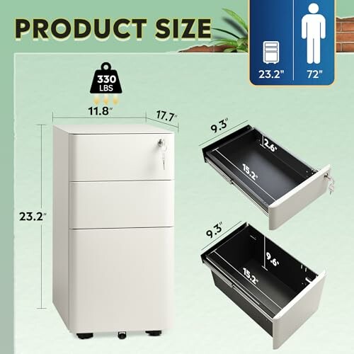 White metal filing cabinet with dimensions and weight capacity.